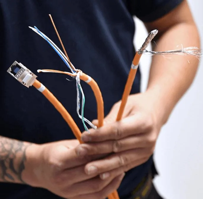 Handen met netwerkkabels en een connector, de gekleurde aders zichtbaar