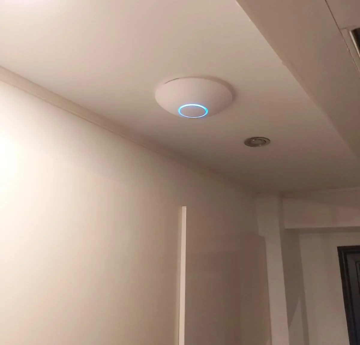 Wifi-punt strak tegen een wit plafond gemonteerd